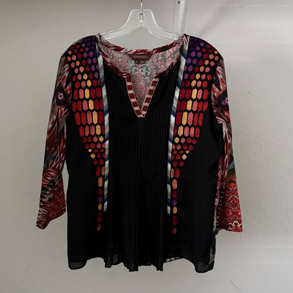 Ranna Gill Anthropologie Maximalist Multi-Print, Pleated, and Embroidered Top